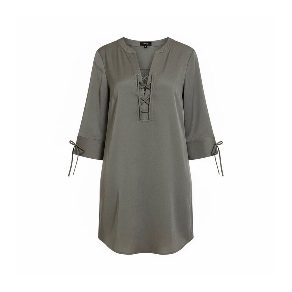 Theory Dress Size 4 Grey Jullitah R2 Lace Up Tencel Tunic 3/4 Sleeve Mini Olive